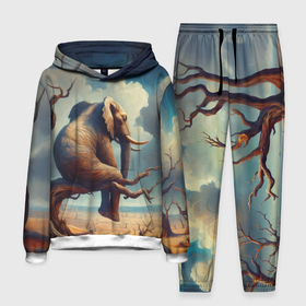 Мужской костюм с толстовкой 3D с принтом Слон сидит на ветке дерева в пустыне ,  |  | Тематика изображения на принте: 