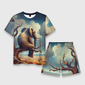 Мужской костюм с шортами 3D с принтом Слон сидит на ветке дерева в пустыне ,  |  | 