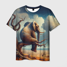 Мужская футболка 3D с принтом Слон сидит на ветке дерева в пустыне , 100% полиэфир | прямой крой, круглый вырез горловины, длина до линии бедер | 