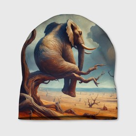 Шапка 3D с принтом Слон сидит на ветке дерева в пустыне в Белгороде, 100% полиэстер | универсальный размер, печать по всей поверхности изделия | 