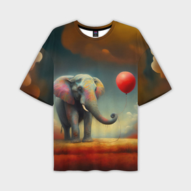 Мужская футболка oversize 3D с принтом Грустный слон и красный шарик в Санкт-Петербурге,  |  | 