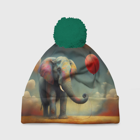 Шапка 3D c помпоном с принтом Грустный слон и красный шарик в Кировске, 100% полиэстер | универсальный размер, печать по всей поверхности изделия | 