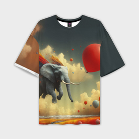 Мужская футболка oversize 3D с принтом Сюрреалистичный слон летит за шариком в Екатеринбурге,  |  | Тематика изображения на принте: 