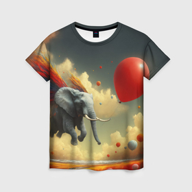 Женская футболка 3D с принтом Сюрреалистичный слон летит за шариком в Петрозаводске, 100% полиэфир ( синтетическое хлопкоподобное полотно) | прямой крой, круглый вырез горловины, длина до линии бедер | 
