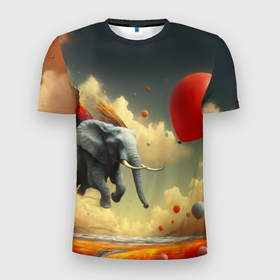 Мужская футболка 3D Slim с принтом Сюрреалистичный слон летит за шариком в Белгороде, 100% полиэстер с улучшенными характеристиками | приталенный силуэт, круглая горловина, широкие плечи, сужается к линии бедра | Тематика изображения на принте: 