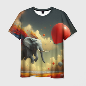 Мужская футболка 3D с принтом Сюрреалистичный слон летит за шариком в Белгороде, 100% полиэфир | прямой крой, круглый вырез горловины, длина до линии бедер | Тематика изображения на принте: 