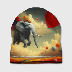 Шапка 3D с принтом Сюрреалистичный слон летит за шариком в Екатеринбурге, 100% полиэстер | универсальный размер, печать по всей поверхности изделия | Тематика изображения на принте: 