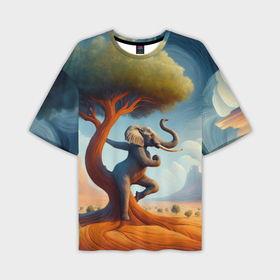 Мужская футболка oversize 3D с принтом Слон занимается йогой возле дерева в Кировске,  |  | 