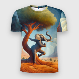 Мужская футболка 3D Slim с принтом Слон занимается йогой возле дерева в Белгороде, 100% полиэстер с улучшенными характеристиками | приталенный силуэт, круглая горловина, широкие плечи, сужается к линии бедра | 