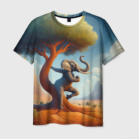 Мужская футболка 3D с принтом Слон занимается йогой возле дерева в Екатеринбурге, 100% полиэфир | прямой крой, круглый вырез горловины, длина до линии бедер | Тематика изображения на принте: 