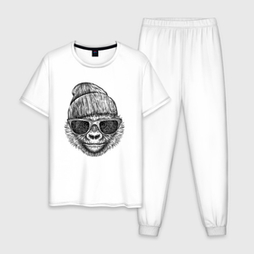 Мужская пижама хлопок с принтом Модный детеныш гориллы в Кировске, 100% хлопок | брюки и футболка прямого кроя, без карманов, на брюках мягкая резинка на поясе и по низу штанин
 | 
