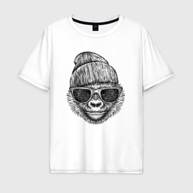 Мужская футболка хлопок Oversize с принтом Модный детеныш гориллы в Новосибирске, 100% хлопок | свободный крой, круглый ворот, “спинка” длиннее передней части | 