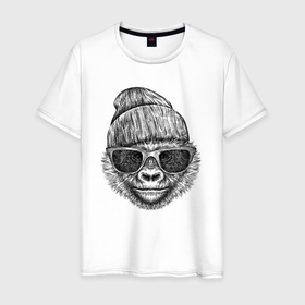 Мужская футболка хлопок с принтом Модный детеныш гориллы в Белгороде, 100% хлопок | прямой крой, круглый вырез горловины, длина до линии бедер, слегка спущенное плечо. | 