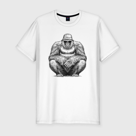 Мужская футболка хлопок Slim с принтом Горилла хипстер в Петрозаводске, 92% хлопок, 8% лайкра | приталенный силуэт, круглый вырез ворота, длина до линии бедра, короткий рукав | 