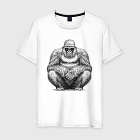 Мужская футболка хлопок с принтом Горилла хипстер в Кировске, 100% хлопок | прямой крой, круглый вырез горловины, длина до линии бедер, слегка спущенное плечо. | 