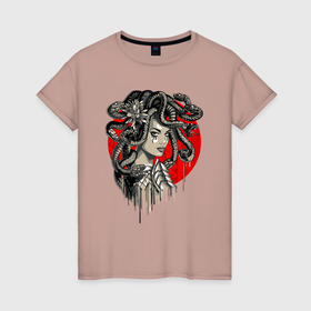 Женская футболка хлопок с принтом Горгона Медуза голова , 100% хлопок | прямой крой, круглый вырез горловины, длина до линии бедер, слегка спущенное плечо | 