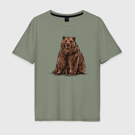 Мужская футболка хлопок Oversize с принтом Бурый медведь сидит в Екатеринбурге, 100% хлопок | свободный крой, круглый ворот, “спинка” длиннее передней части | 