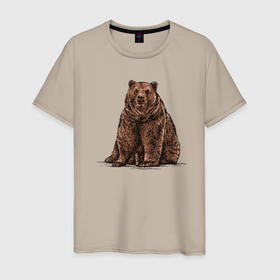 Мужская футболка хлопок с принтом Бурый медведь сидит в Белгороде, 100% хлопок | прямой крой, круглый вырез горловины, длина до линии бедер, слегка спущенное плечо. | 