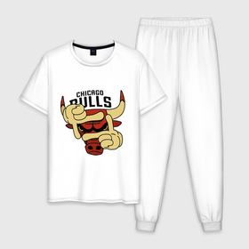 Мужская пижама хлопок с принтом Bulls logo with hands в Санкт-Петербурге, 100% хлопок | брюки и футболка прямого кроя, без карманов, на брюках мягкая резинка на поясе и по низу штанин
 | 