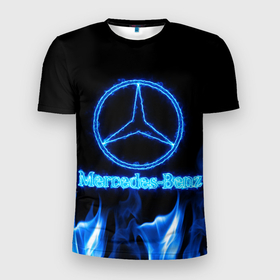 Мужская футболка 3D Slim с принтом Mercedes benz blue neon в Курске, 100% полиэстер с улучшенными характеристиками | приталенный силуэт, круглая горловина, широкие плечи, сужается к линии бедра | 