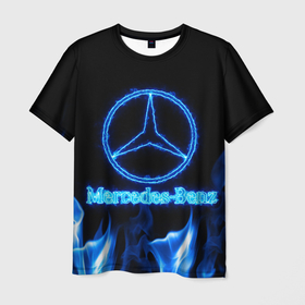 Мужская футболка 3D с принтом Mercedes benz blue neon в Курске, 100% полиэфир | прямой крой, круглый вырез горловины, длина до линии бедер | 