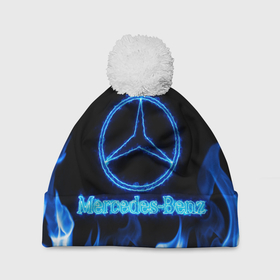 Шапка 3D c помпоном с принтом Mercedes benz blue neon в Кировске, 100% полиэстер | универсальный размер, печать по всей поверхности изделия | Тематика изображения на принте: 