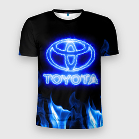 Мужская футболка 3D Slim с принтом Toyota neon fire в Петрозаводске, 100% полиэстер с улучшенными характеристиками | приталенный силуэт, круглая горловина, широкие плечи, сужается к линии бедра | 