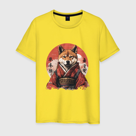 Мужская футболка хлопок с принтом Сиба ину, самурай в Кировске, 100% хлопок | прямой крой, круглый вырез горловины, длина до линии бедер, слегка спущенное плечо. | 