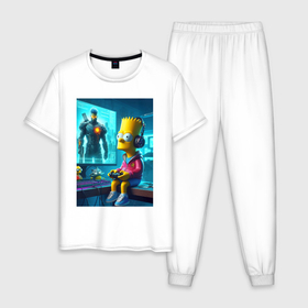 Мужская пижама хлопок с принтом Bart Simpson is an avid gamer в Екатеринбурге, 100% хлопок | брюки и футболка прямого кроя, без карманов, на брюках мягкая резинка на поясе и по низу штанин
 | 