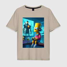 Мужская футболка хлопок Oversize с принтом Bart Simpson is an avid gamer в Кировске, 100% хлопок | свободный крой, круглый ворот, “спинка” длиннее передней части | 