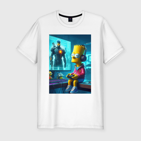 Мужская футболка хлопок Slim с принтом Bart Simpson is an avid gamer в Кировске, 92% хлопок, 8% лайкра | приталенный силуэт, круглый вырез ворота, длина до линии бедра, короткий рукав | 