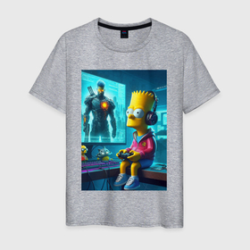 Мужская футболка хлопок с принтом Bart Simpson is an avid gamer в Тюмени, 100% хлопок | прямой крой, круглый вырез горловины, длина до линии бедер, слегка спущенное плечо. | 