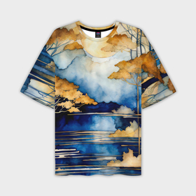 Мужская футболка oversize 3D с принтом Осенний лес на фоне синих гор в акварельной технике в Кировске,  |  | Тематика изображения на принте: 
