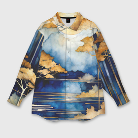 Мужская рубашка oversize 3D с принтом Осенний лес на фоне синих гор в акварельной технике в Белгороде,  |  | Тематика изображения на принте: 