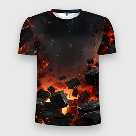Мужская футболка 3D Slim с принтом Взрыв плит и огонь в Новосибирске, 100% полиэстер с улучшенными характеристиками | приталенный силуэт, круглая горловина, широкие плечи, сужается к линии бедра | 
