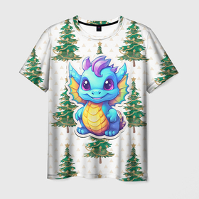 Мужская футболка 3D с принтом Маленький синий дракон на фоне елочек , 100% полиэфир | прямой крой, круглый вырез горловины, длина до линии бедер | 