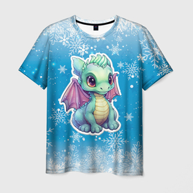Мужская футболка 3D с принтом Маленький синий дракон на фоне снежинок , 100% полиэфир | прямой крой, круглый вырез горловины, длина до линии бедер | 