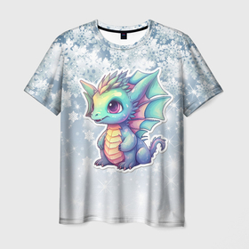 Мужская футболка 3D с принтом Маленький дракон  новогодний , 100% полиэфир | прямой крой, круглый вырез горловины, длина до линии бедер | 