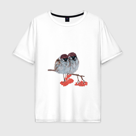 Мужская футболка хлопок Oversize с принтом Воробушки пара в Тюмени, 100% хлопок | свободный крой, круглый ворот, “спинка” длиннее передней части | Тематика изображения на принте: 