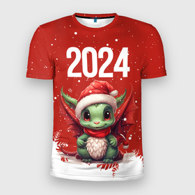 Мужская футболка 3D Slim с принтом 2024 дракон новогодний красный фон в Тюмени, 100% полиэстер с улучшенными характеристиками | приталенный силуэт, круглая горловина, широкие плечи, сужается к линии бедра | Тематика изображения на принте: 