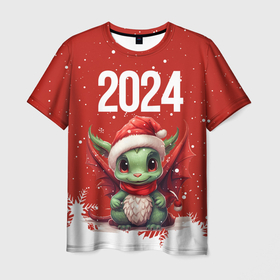 Мужская футболка 3D с принтом 2024 дракон новогодний красный фон , 100% полиэфир | прямой крой, круглый вырез горловины, длина до линии бедер | 