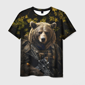 Мужская футболка 3D с принтом Медведь солдат в ночном лесу в Санкт-Петербурге, 100% полиэфир | прямой крой, круглый вырез горловины, длина до линии бедер | 