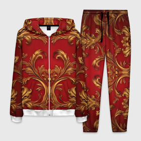 Мужской костюм 3D с принтом Золотые  узоры на красном в Курске, 100% полиэстер | Манжеты и пояс оформлены тканевой резинкой, двухслойный капюшон со шнурком для регулировки, карманы спереди | 