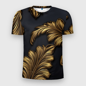 Мужская футболка 3D Slim с принтом Золотые узоры  в виде  листьев в Санкт-Петербурге, 100% полиэстер с улучшенными характеристиками | приталенный силуэт, круглая горловина, широкие плечи, сужается к линии бедра | 
