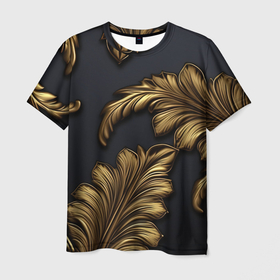 Мужская футболка 3D с принтом Золотые узоры  в виде  листьев в Санкт-Петербурге, 100% полиэфир | прямой крой, круглый вырез горловины, длина до линии бедер | 