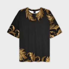 Мужская футболка oversize 3D с принтом Золотые объемные листья на черном в Санкт-Петербурге,  |  | 