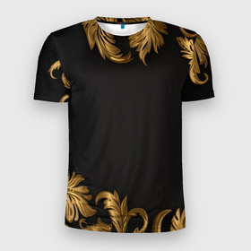 Мужская футболка 3D Slim с принтом Золотые объемные листья на черном в Санкт-Петербурге, 100% полиэстер с улучшенными характеристиками | приталенный силуэт, круглая горловина, широкие плечи, сужается к линии бедра | 