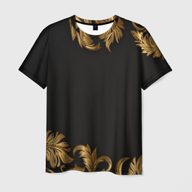 Мужская футболка 3D с принтом Золотые объемные листья на черном в Екатеринбурге, 100% полиэфир | прямой крой, круглый вырез горловины, длина до линии бедер | 
