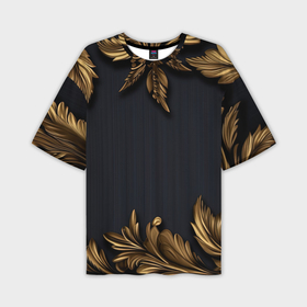 Мужская футболка oversize 3D с принтом Золотые объемные  листья на черном в Санкт-Петербурге,  |  | 