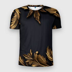 Мужская футболка 3D Slim с принтом Золотые объемные  листья на черном в Санкт-Петербурге, 100% полиэстер с улучшенными характеристиками | приталенный силуэт, круглая горловина, широкие плечи, сужается к линии бедра | 